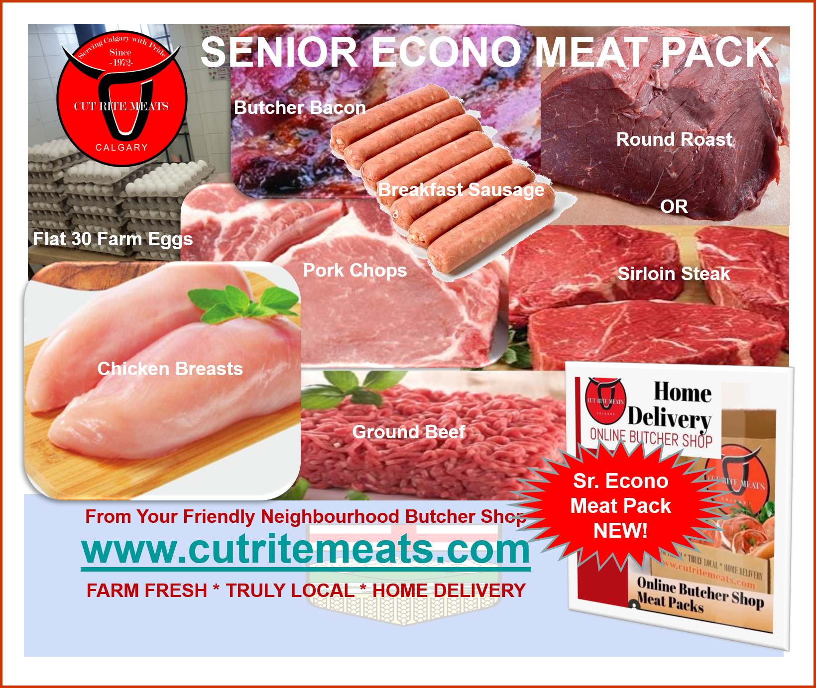 Cut Rite Meats  Senior Econo Pack includes Chicken Breasts and Bacon and Pork Chops and Round Roast and Steak and Ground  Beef.